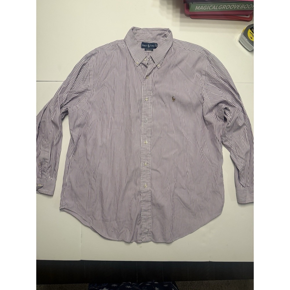 Ralph Lauren Shirt Mens 17.5 36/37 Purple Stripe Classic‎ Fit Button Down Cotton